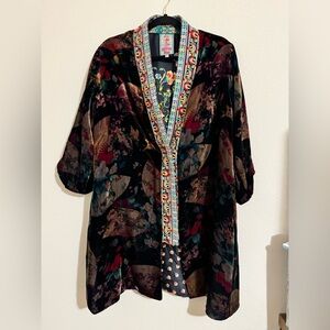 Johnny Was Black Fan & Floral Velvet/Silk Kimono - XS